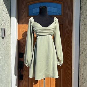Princess Polly Long Sleeve Sage Green Satin Mini Dress 0 *New